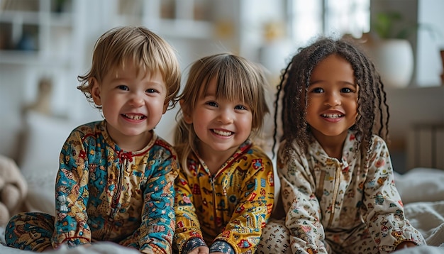 Foto festa del pigiama per bambini bambini multirazziali in pigiama colorati che si divertono alla festa del pigiamma amici carini bambini giocosi insieme