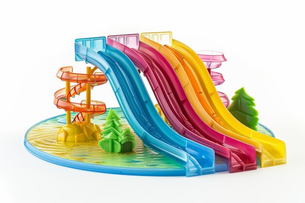 Foto attrezzature per parchi giochi per bambini con scivoli e altalene colorati su uno sfondo bianco