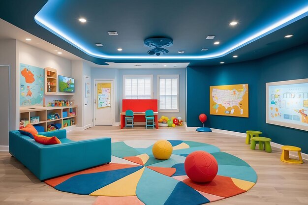 Childrens playroom with interactive educational games and adaptive lighting