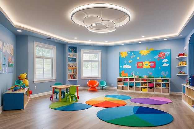 Childrens playroom with interactive educational games and adaptive lighting