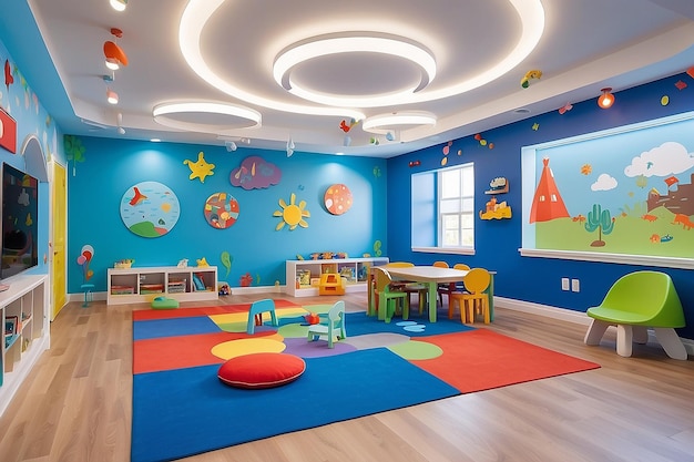 Childrens playroom with interactive educational games and adaptive lighting