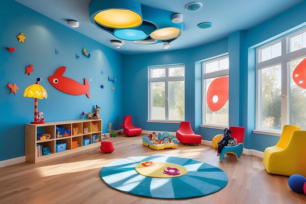 Childrens playroom with interactive educational games and adaptive lighting