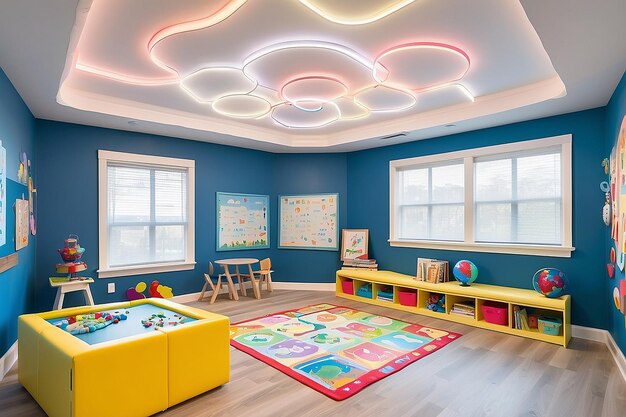 Childrens playroom with interactive educational games and adaptive lighting