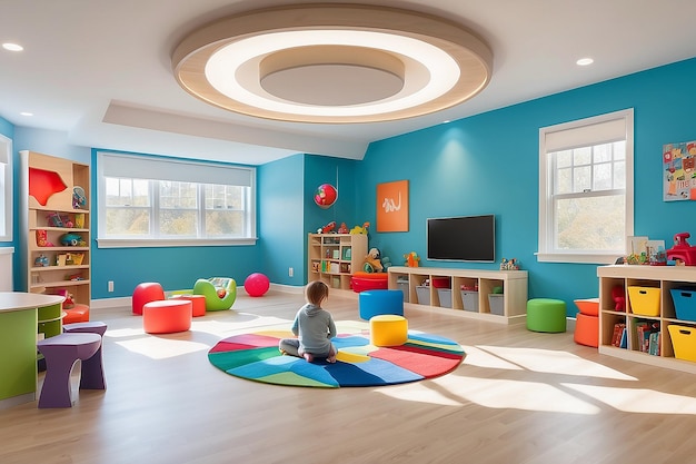 Childrens playroom with interactive educational games and adaptive lighting