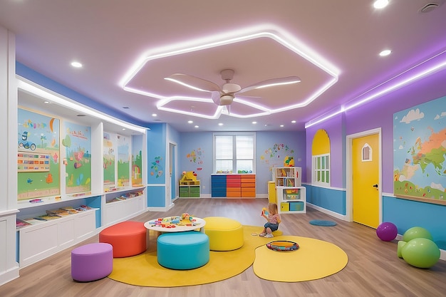 インタラクティブな教育ゲームと適応的な照明を備えた子供の遊び室