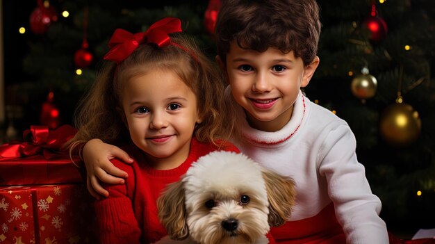 Портрет детей с ожиданием подарков и украшенной рождественской елкой