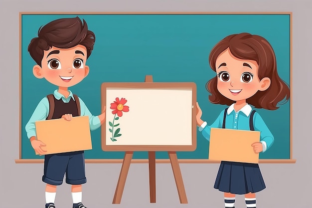 Childrens presentationCute student boy and girl holding board presenting