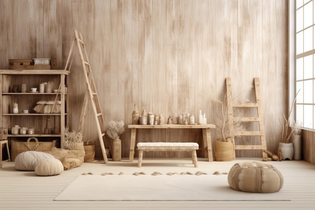ファームハウススタイルのインテリア背景に壁のモックアップを備えた天然の木製家具で装飾された子供部屋画像はレンダリングです
