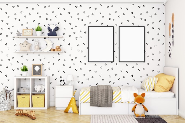 Childrens room mockup with three wooden bohostyle frames A4