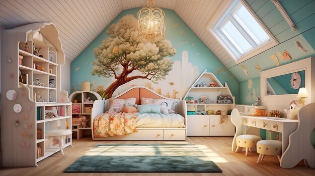 childrens room with a beautiful tree