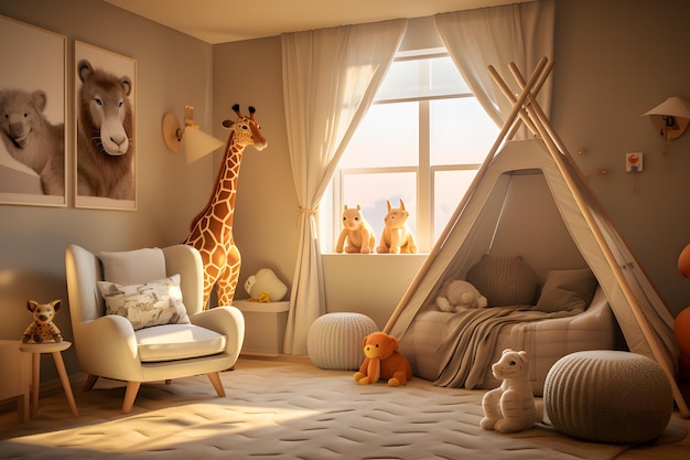 A childrens room with a modern safari inspired design