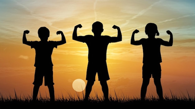 Childrens silhouettes showing muscles at sunset