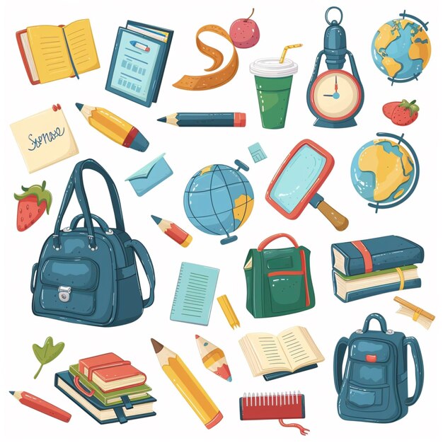 Photo childrens supplies cute elements of elementary school schoolbag pendant globe pencils and books