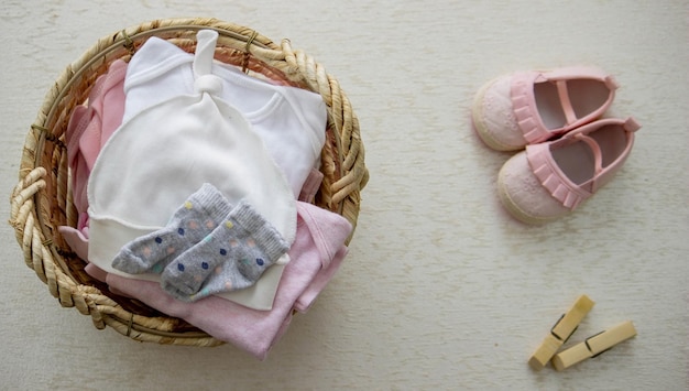 childrens things in the basket washing childrens clothes