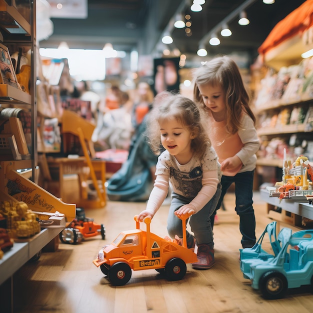 In a childrens toy store children are trying out all kinds