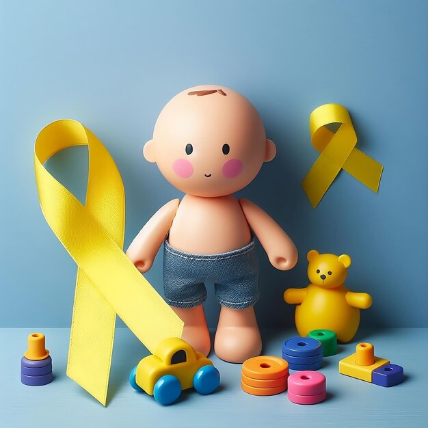 Childrens toy with a Childhood Cancer Awareness Yellow Ribbon on a blue background