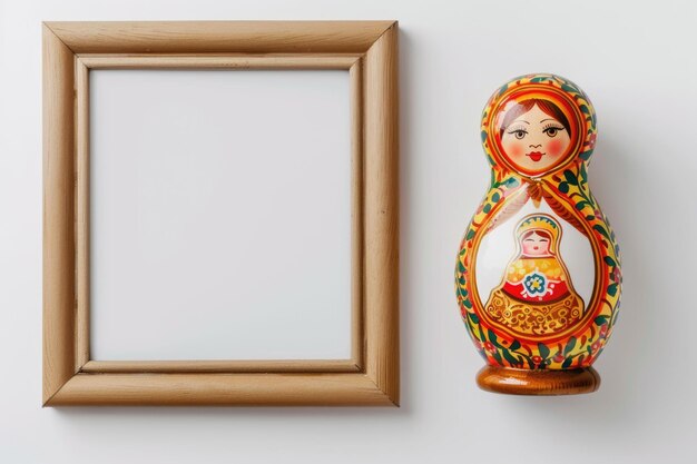 Foto bambino giocattolo matrioshka in legno e modella di cornice su sfondo bianco isolato