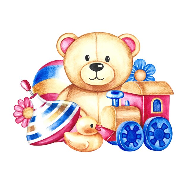 Детские игрушки плюшевый медведь мяч вращающаяся вершина и поезд ручная акварельная иллюстрация для