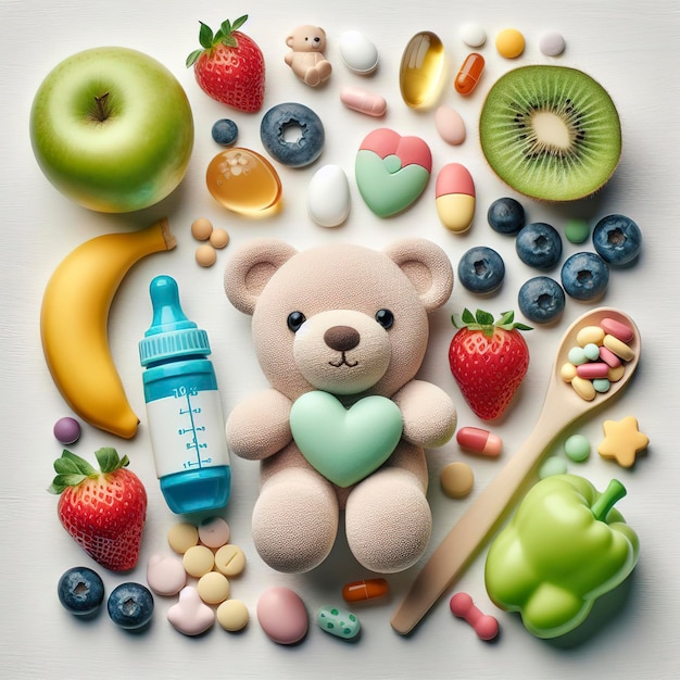 Childrens vitamins in the form of bears on a white background Top view flat lay