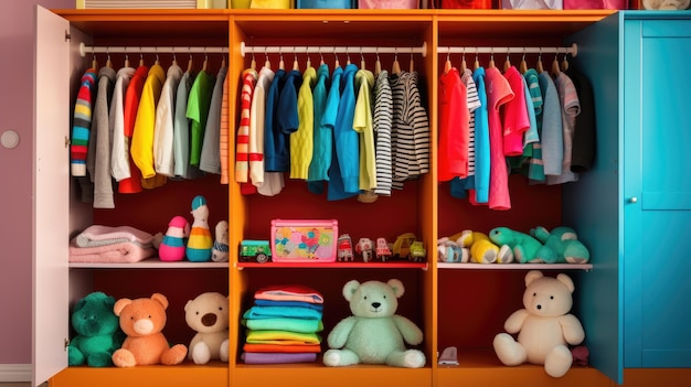 Childrens wardrobe with various bright clothes for babies