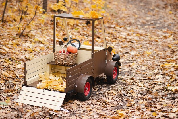 Photo childrens wooden truck in the autumn park