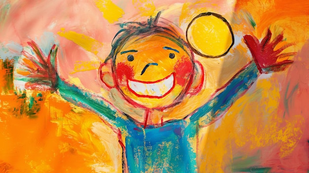 Photo childs colorful painting with a big smile raised hands and a bright sun radiating joy and happiness