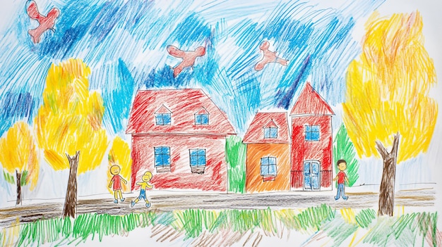 Childs crayon drawing of a sunny day with red and orange houses yellow trees and blue sky