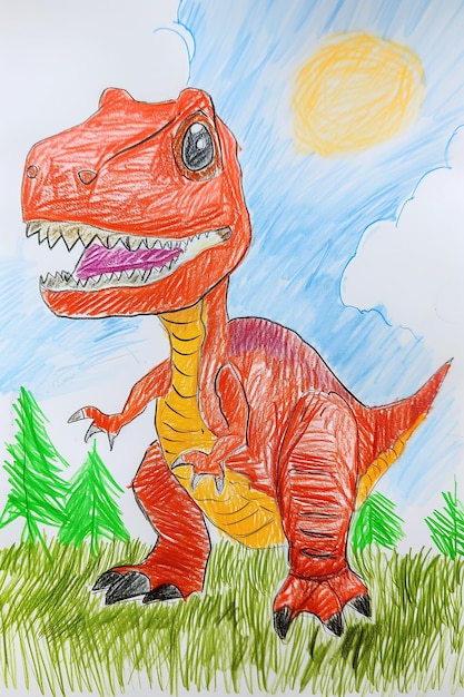 Photo a childs drawing of a dinosaur on a piece of paper