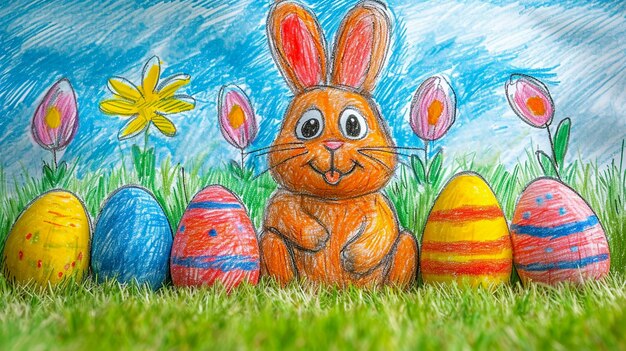 Foto disegno di pasqua da parte di un bambino che mostra una prospettiva unica