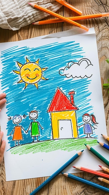 Photo a childs drawing of a family by person