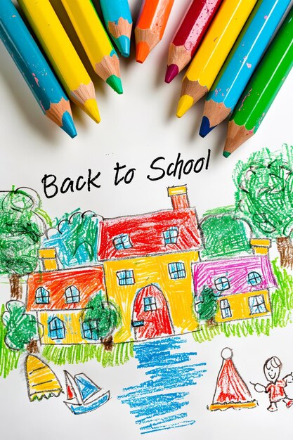 Photo a childs drawing of a house with colored pencils