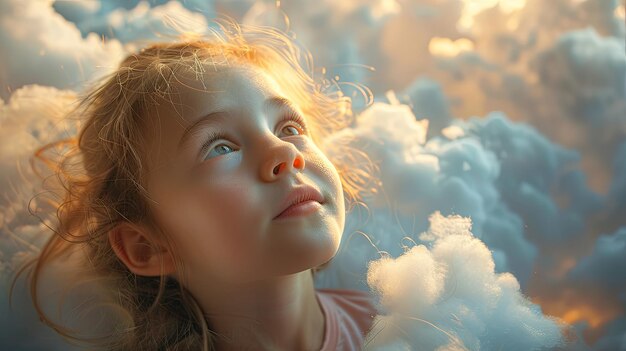 Photo a childs expression of deep thought while looking at the clouds