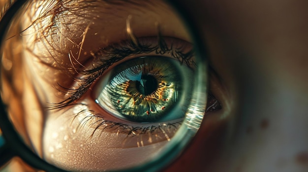 a childs eye through a magnifying glass closeup