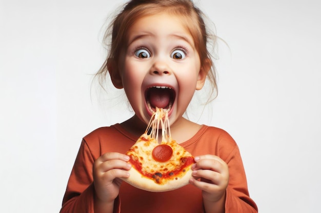 Foto gli occhi di un bambino si allargano di eccitazione mentre mangiano un filo di formaggio da una fetta di pizza ai generative