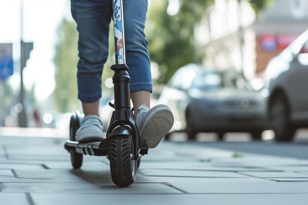 写真 街の歩道でスクーターに乗った子供たちの足