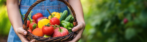 Photo childs females hands holding a basket full of vegetables outside banner with copy space