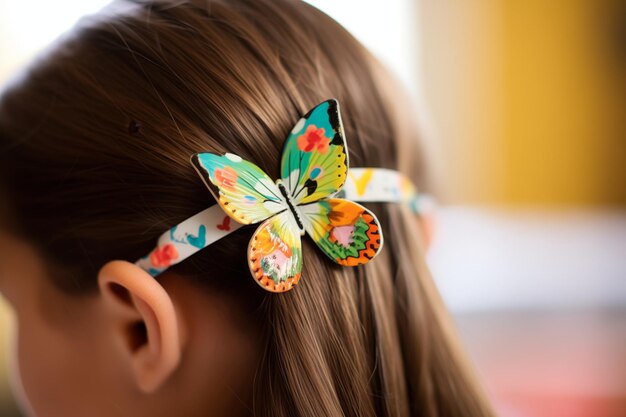 Foto i capelli sottili di child sono curati con una pinza a farfalla colorata