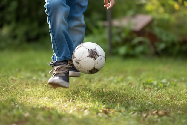 Childs foot kicking a football for the first time