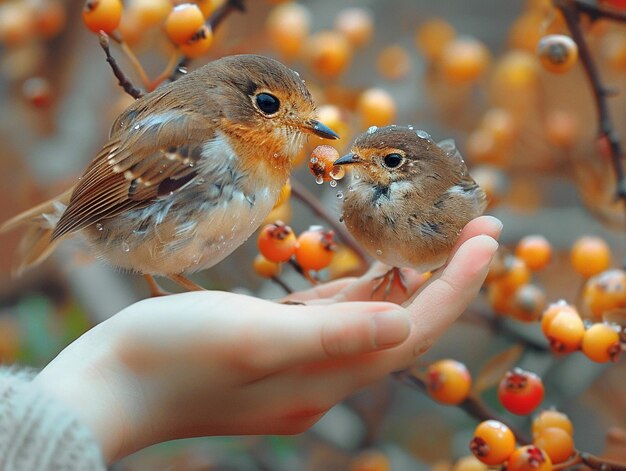 写真 子供が小さな鳥に手を差し伸べている