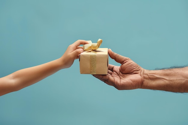 Photo a childs hand giving a gift box with a golden bow to an adults hand against a blue background