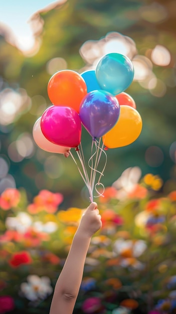 Дети с воздушными шарами в руках среди садовых цветов