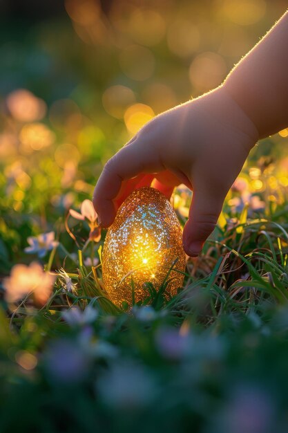 Photo childs hand holding easter egg in field of flowers