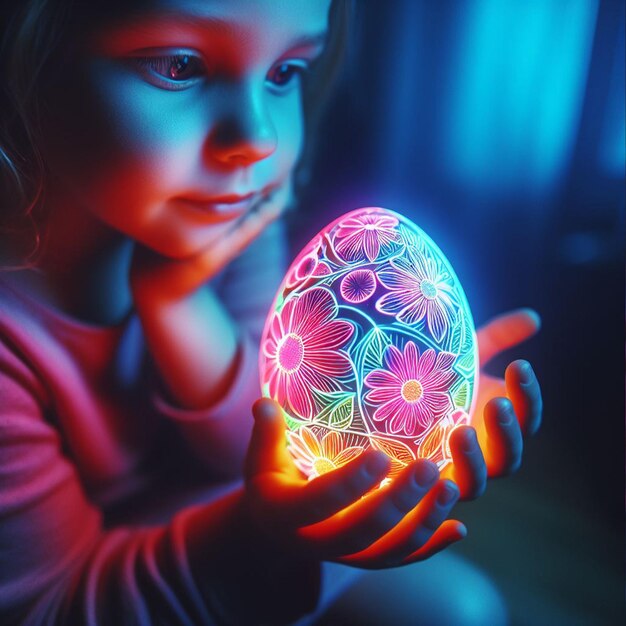 Childs hand holding the neon Easter egg