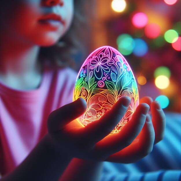 Foto la mano di childs con l'uovo di pasqua al neon