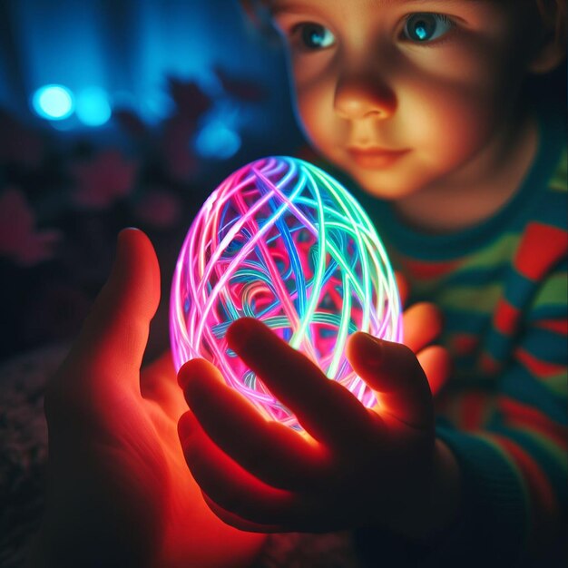 Childs hand holding the neon Easter egg