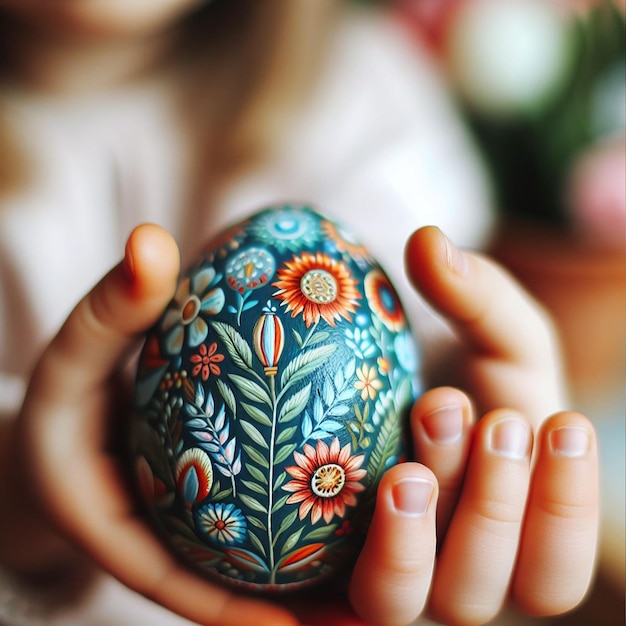 Детская рука с неоновым пасхальным яйцом