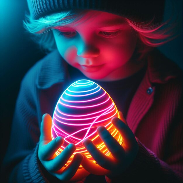Foto la mano di childs con l'uovo di pasqua al neon