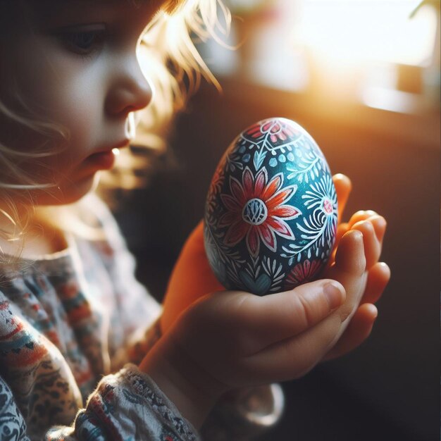 Childs hand holding the neon Easter egg
