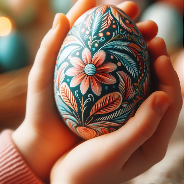 Детская рука с неоновым пасхальным яйцом