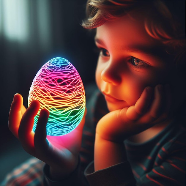 Foto la mano di childs con l'uovo di pasqua al neon